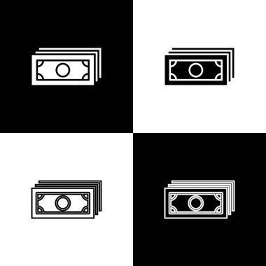 Siyah ve beyaz arka planda izole yığınları kağıt para nakit simgeleri ayarlayın. Para banknotlar yığınları. Fatura para birimi. Çizgi, anahat ve doğrusal simge. Vektör Illustration