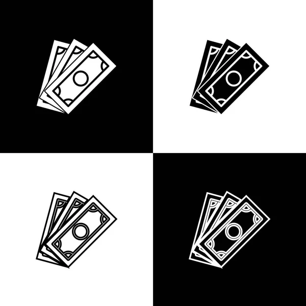 Set stacks papiergeld cash iconen geïsoleerd op zwart-wit achtergrond. Geld bankbiljetten stacks. Wisselkoers. Lijn, contour en lineair icoon. Vector illustratie — Stockvector