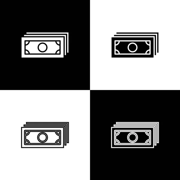 Set Stacks papel moneda en efectivo iconos aislados sobre fondo blanco y negro. Billetes de dinero apilados. Billetes. Línea, contorno e icono lineal. Ilustración vectorial — Vector de stock