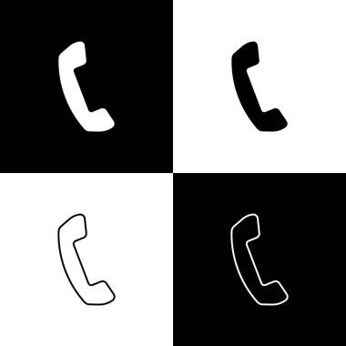Siyah ve beyaz arka planda izole telefon ahize simgeleri ayarlayın. Telefon tabelası. Çizgi, anahat ve doğrusal simge. Vektör Illustration