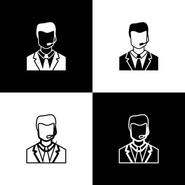 Siyah beyaz arka planda izole edilmiş bir kulaklık simgeleri ile Man ayarlayın. Destek operatörü temas halinde. Çağrı merkezi, müşteri destek hizmeti için konsept. Çizgi, anahat ve doğrusal simge. Vektör İllüstrasyonu