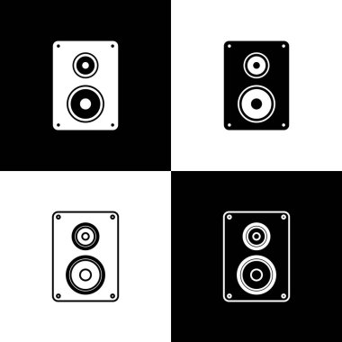 Siyah ve beyaz arka planda yalıtılmış stereo hoparlör simgeleri ayarlayın. Ses sistemi hoparlörleri. Müzik simgesi. Müzik sütun hoparlör bas ekipmanları. Çizgi, anahat ve doğrusal simge. Vektör Illustration