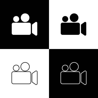 Siyah beyaz arka planda izole film veya video kamera simgeleri ayarlayın. Sinema Kamerası simgesi. Çizgi, anahat ve doğrusal simge. Vektör Illustration