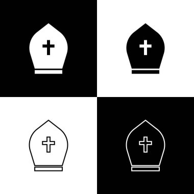 Papa şapka simgeleri siyah ve beyaz arka planda izole ayarlayın. Hıristiyan şapka işareti. Çizgi, anahat ve doğrusal simge. Vektör Illustration