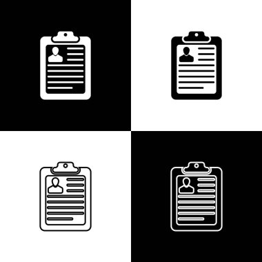 Pano 'yu siyah ve beyaz arka planda devam simgeleri ile ayarlayın. CV uygulaması. Özgeçmiş, profil fotoğraf konsepti ile iş başvuru formu. Çizgi, anahat ve doğrusal simge. Vektör Illustration