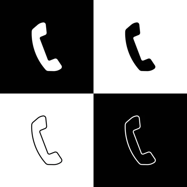 Definir ícones telefone aparelho isolado em fundo preto e branco. Sinal de telefone. Linha, contorno e ícone linear. Ilustração vetorial —  Vetores de Stock