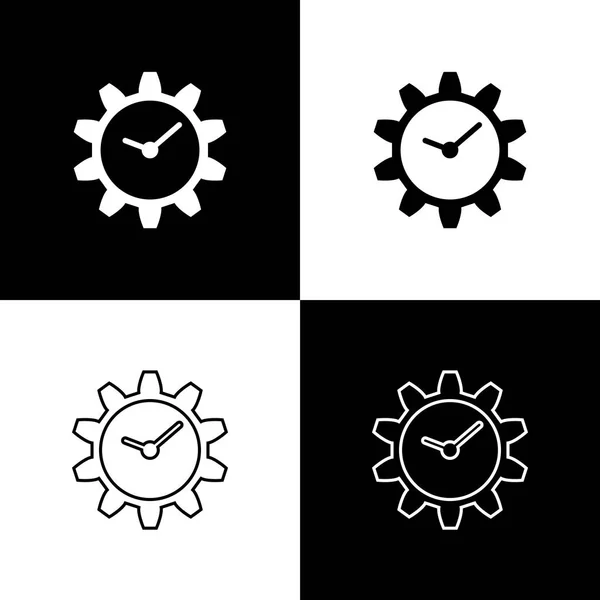 Establecer iconos de gestión del tiempo aislados sobre fondo blanco y negro. Señal de reloj y engranaje. Línea, contorno e icono lineal. Ilustración vectorial — Archivo Imágenes Vectoriales