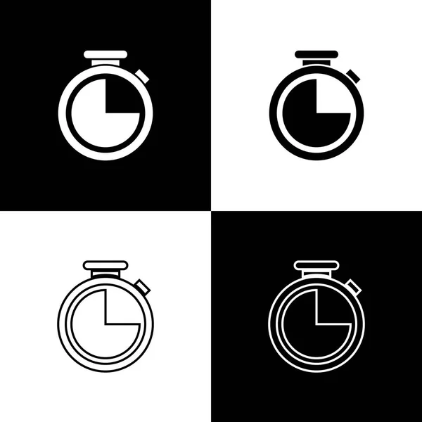 Nastavit ikony Stopwatch izolované na černém a bílém pozadí. Symbol časového časovače Ikona spojnicového, obrysového a lineárního. Vektorová ilustrace — Stockový vektor