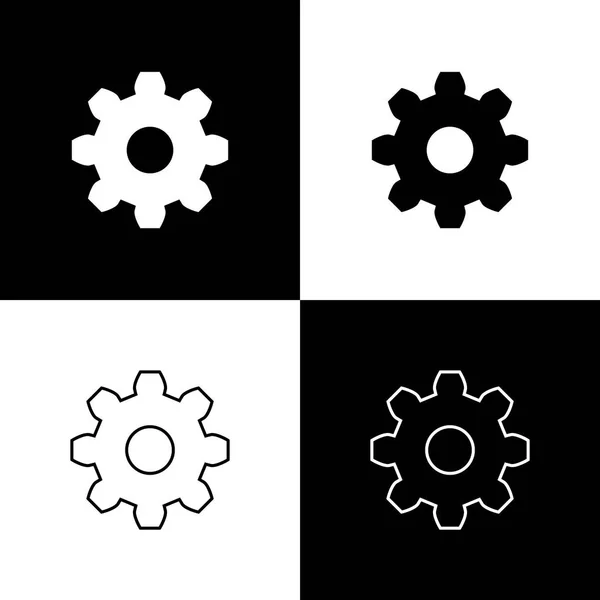 Getriebesymbole isoliert auf schwarzem und weißem Hintergrund setzen. Zahnradeinstellzeichen. Zahnrad-Symbol. Linie, Umriss und lineares Symbol. Vektorillustration — Stockvektor