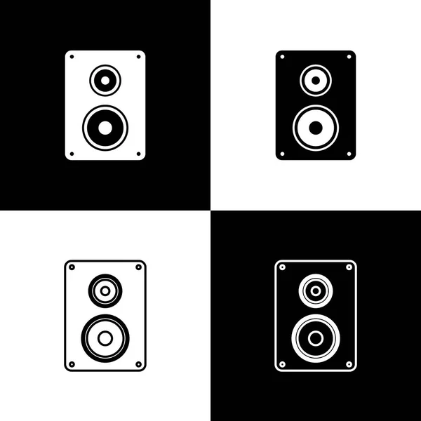 Setzen Sie Stereo-Lautsprechersymbole isoliert auf schwarz-weißem Hintergrund. Soundsystem-Lautsprecher. Musik-Ikone. Musiksäule Lautsprecher Bass Ausrüstung. Linie, Umriss und lineares Symbol. Vektorillustration — Stockvektor