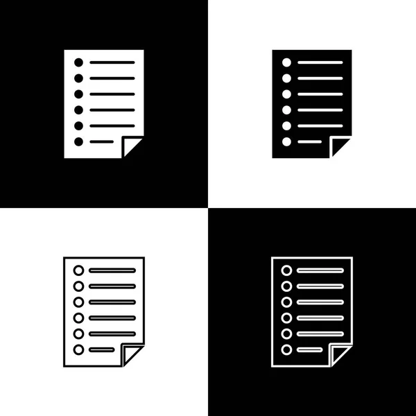 Establecer iconos de documento aislados sobre fondo blanco y negro. Icono archivo. Icono de lista de verificación. Concepto de negocio. Línea, contorno e icono lineal. Ilustración vectorial — Archivo Imágenes Vectoriales