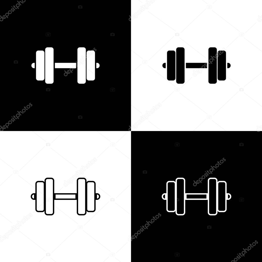 Set Dumbbell icons on black and white background. Muscle lifting icon, fitness barbell, gym icon, sports equipment symbol, exercise bumbbell. Line, outline and linear icon. Vector Illustration