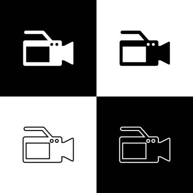 Siyah ve beyaz arka planda izole sinema kamera simgeleri ayarlayın. Video kamera. Film işareti. Film projektörü. Çizgi, anahat ve doğrusal simge. Vektör Illustration