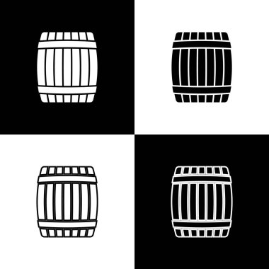 Siyah ve beyaz arka planda izole ahşap varil simgeleri ayarlayın. Çizgi, anahat ve doğrusal simge. Vektör Illustration