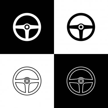 Siyah ve beyaz arka planda izole direksiyon simidi simgeleri ayarlayın. Araç tekerleği simgesi. Çizgi, anahat ve doğrusal simge. Vektör Illustration