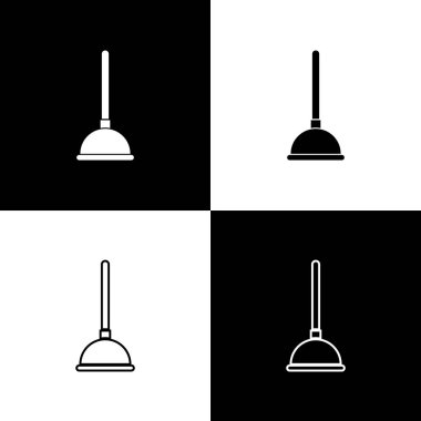 Siyah ve beyaz arka planda izole boru temizleme simgeleri için ahşap kolu ile kauçuk piston ayarlayın. Tuvalet pistonlu. Çizgi, anahat ve doğrusal simge. Vektör Illustration