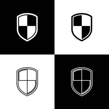 Siyah ve beyaz arka planda izole kalkan simgeleri ayarlayın. Muhafız işareti. Çizgi, anahat ve doğrusal simge. Vektör Illustration