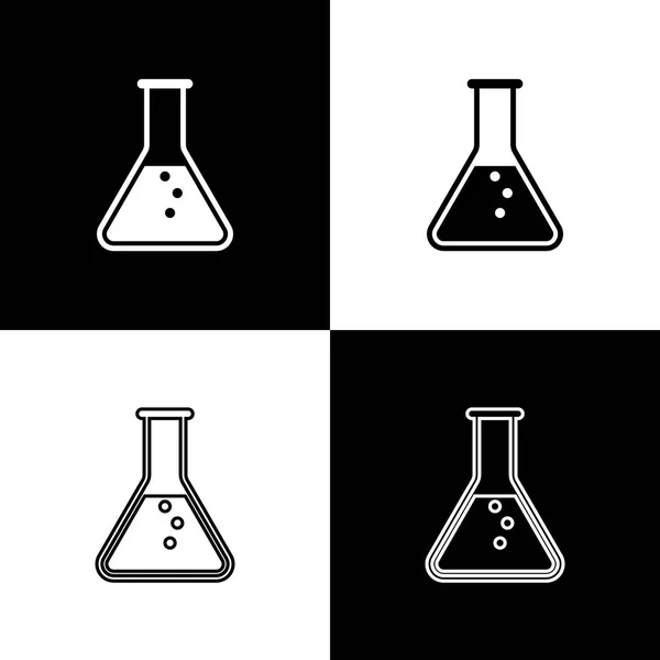 Állítsa be a kémcsövet és a lombik-kémiai laboratóriumi vizsgálati ikonokat izolált fekete-fehér háttérrel. Vonal-, vázlat-és lineáris ikon. Vektoros illusztráció — Stock Vector
