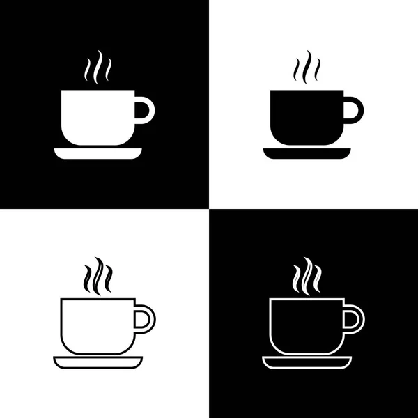 Set Icônes tasse de café isolé sur fond noir et blanc. Une tasse de thé. Café chaud. Ligne, contour et icône linéaire. Illustration vectorielle — Image vectorielle