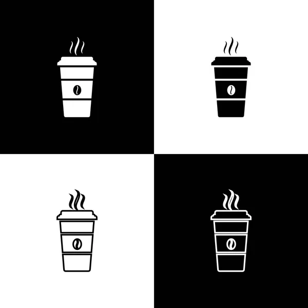 Set Coffee cup icons isolated on black and white background. Disposable coffee cup with hot coffee. Line, outline and linear icon. Vector Illustration — Stock Vector