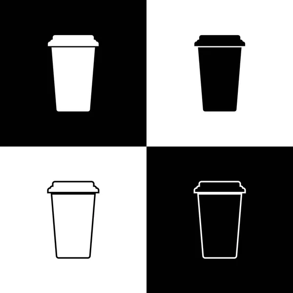 Set kávé-kupa ikonok izolált fekete-fehér háttér. Eldobható kávéscsésze forró kávéval. Vonal-, vázlat-és lineáris ikon. Vektoros illusztráció — Stock Vector