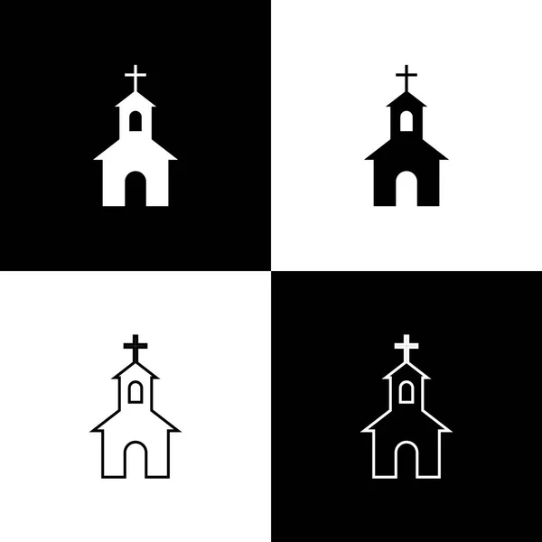 Placez les icônes du bâtiment de l'église isolées sur fond noir et blanc. Église chrétienne. Religion d'église. Ligne, contour et icône linéaire. Illustration vectorielle — Image vectorielle