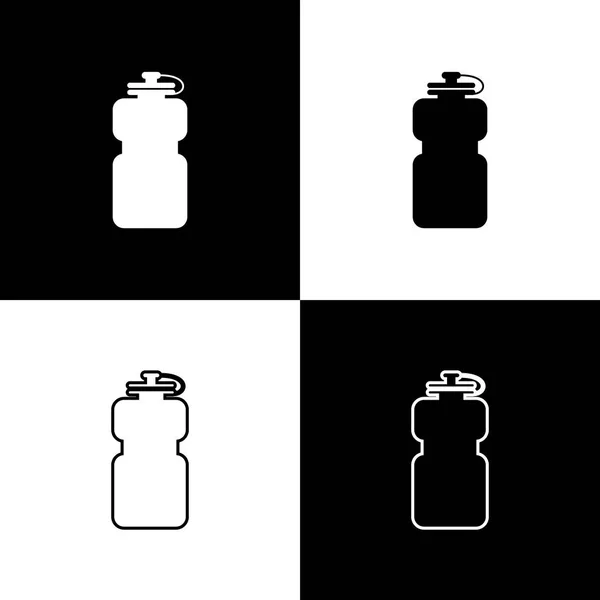 Nastavte sportovní láhev se ikonami vody izolovanými na černém a bílém pozadí. Ikona spojnicového, obrysového a lineárního. Vektorová ilustrace — Stockový vektor