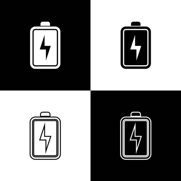 Definir ícones de bateria isolados em fundo preto e branco. Símbolo relâmpago. Linha, contorno e ícone linear. Ilustração vetorial — Vetor de Stock