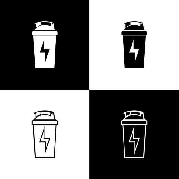 Set Fitness shaker icônes isolées sur fond noir et blanc. Bouteille de shaker sportif avec couvercle pour cocktails à base d'eau et de protéines. Ligne, contour et icône linéaire. Illustration vectorielle — Image vectorielle