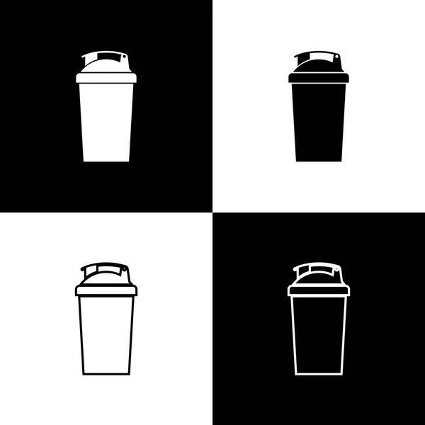 Set Fitness shaker ícones isolados em fundo preto e branco. Garrafa de shaker esportivo com tampa para coquetéis de água e proteína. Linha, contorno e ícone linear. Ilustração vetorial —  Vetores de Stock