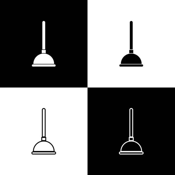 Set rubberen plunjer met houten handvat voor pijp reiniging iconen geïsoleerd op zwart-wit achtergrond. Toilet zuiger. Lijn, contour en lineair icoon. Vector illustratie — Stockvector