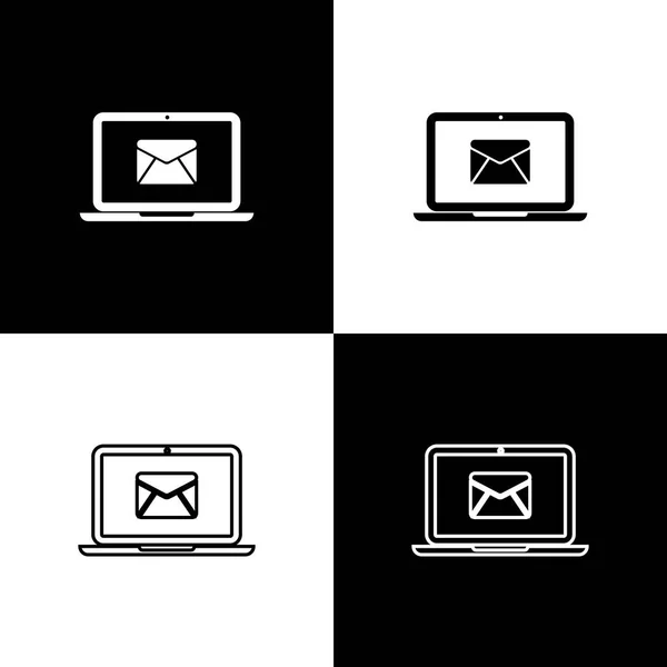 Ρυθμίστε φορητό υπολογιστή με φάκελο και άνοιγμα ηλεκτρονικού ταχυδρομείου σε εικονίδια οθόνης απομονώνονται σε μαύρο και λευκό φόντο. Μάρκετινγκ μέσω email, έννοιες διαφήμισης στο διαδίκτυο. Γραμμή, περίγραμμα και γραμμικό εικονίδιο. Απεικόνιση διανυσματικών φορέων — Διανυσματικό Αρχείο