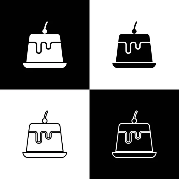 Puddingpudding mit Ikonen aus Karamellglasur auf schwarzem und weißem Hintergrund. Linie, Umriss und lineares Symbol. Vektorillustration — Stockvektor
