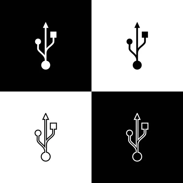 Nastavte ikony symbolů USB izolované na černém a bílém pozadí. Ikona spojnicového, obrysového a lineárního. Vektorová ilustrace — Stockový vektor