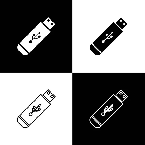 Nastavte ikony jednotek USB Flash izolované na černém a bílém pozadí. Ikona spojnicového, obrysového a lineárního. Vektorová ilustrace — Stockový vektor