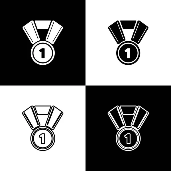 Встановіть значки медалі ізольовані на чорно-білому тлі. Символ переможця. Лінія, контур і лінійна піктограма. Векторна ілюстрація — стоковий вектор