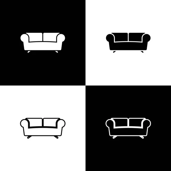 Set Sofa-Symbole isoliert auf schwarzem und weißem Hintergrund. Linie, Umriss und lineares Symbol. Vektorillustration — Stockvektor