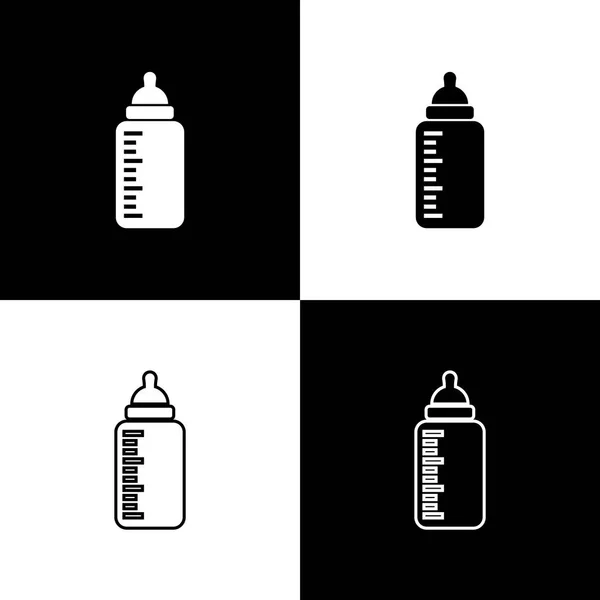 Set Baby bottle icons isolated on black and white background. Feeding bottle icon. Milk bottle sign. Line, outline and linear icon. Vector Illustration — Stock Vector