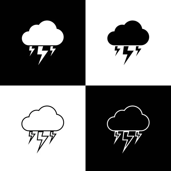 Sturmsymbole isoliert auf schwarzem und weißem Hintergrund. Wolke und Blitz. Wetter-Ikone Sturm. Linie, Umriss und lineares Symbol. Vektorillustration — Stockvektor