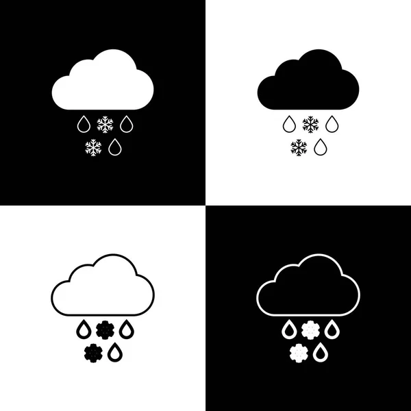 Definir nuvem com ícones de neve e chuva isolados em fundo preto e branco. Ícone meteorológico. Linha, contorno e ícone linear. Ilustração vetorial — Vetor de Stock