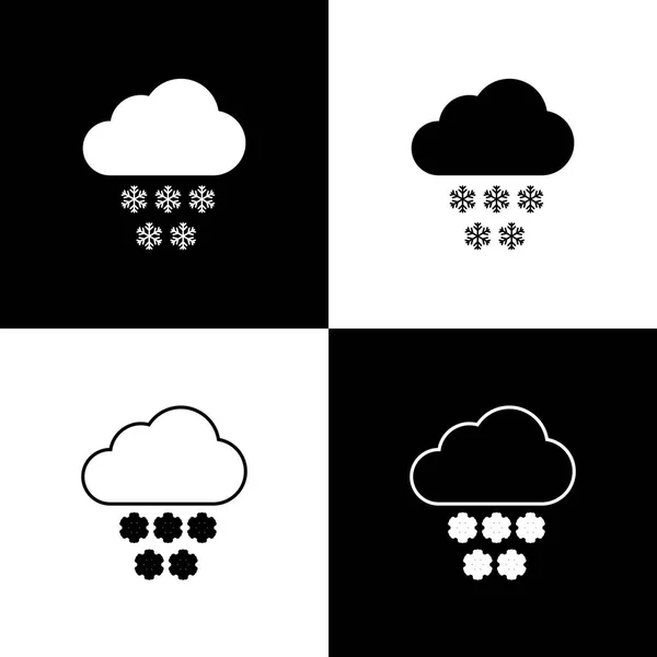Stel Cloud met sneeuw pictogrammen geïsoleerd op zwart-wit achtergrond. Wolk met sneeuwvlokken. Enkel weerpictogram. Sneeuw bord. Lijn, contour en lineair icoon. Vector illustratie — Stockvector