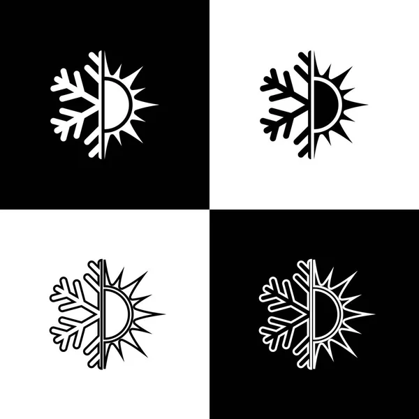 Stel warm en koud symbool. Zon en sneeuwvlok iconen geïsoleerd op zwart-wit achtergrond. Winter en zomer symbool. Lijn, contour en lineair icoon. Vector illustratie — Stockvector