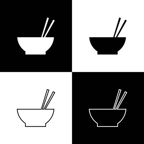 Поставить чашу с едой и парой палочек, силуэт которых изолирован на черно-белом фоне. Концепция приготовления, восточная диета. Строка, контур и линейная иконка. Векторная миграция — стоковый вектор