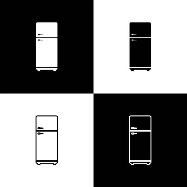 Conjunto de iconos del refrigerador aislados sobre fondo blanco y negro. Refrigerador congelador refrigerador. Tecnología y electrodomésticos. Línea, contorno e icono lineal. Ilustración vectorial — Vector de stock