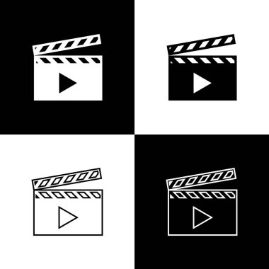 Siyah beyaz arka planda film Klaket simgeleri ayarlayın. Film Klaket Pano simgesi. Clapperboard işareti. Sinema üretimi veya medya endüstrisi konsepti. Çizgi, anahat ve doğrusal simge. Vektör Illustration