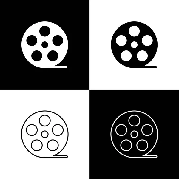 Defina ícones de bobina de filme isolados em fundo preto e branco. Linha, contorno e ícone linear. Ilustração vetorial — Vetor de Stock