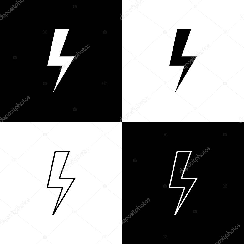 Set Lightning bolt icons isolated on black and white background. Flash icon. Charge flash icon. Thunder bolt. Lighting strike. Line, outline and linear icon. Vector Illustration