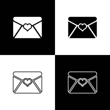 Siyah ve beyaz arka planda izole Valentine kalp simgeleri ile zarf ayarlayın. Mektup aşk ve romantizm. Çizgi, anahat ve doğrusal simge. Vektör Illustration
