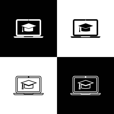 Siyah ve beyaz arka planda izole ekran laptop simgeleri mezuniyet kapağı ayarlayın. Çevrimiçi öğrenme veya e-öğrenme konsepti. Çizgi, anahat ve doğrusal simge. Vektör Illustration