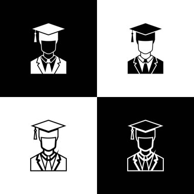Siyah ve beyaz arka planda izole elbise ve mezuniyet kapağı simgeleri ile erkek Lisansüstü öğrenci profili ayarlayın. Çizgi, anahat ve doğrusal simge. Vektör Illustration